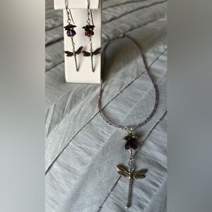 Purple Dragonfly Necklace & Earrings Set